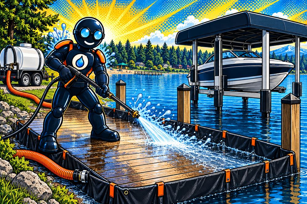 Pressure Washington cleaning a private dock on American Lake with the wash water captured in a tank