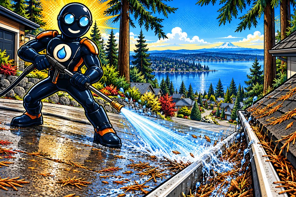 Pressure Washington clearing a needle-filled gutter above Lake Steilacoom, firs and the lake below