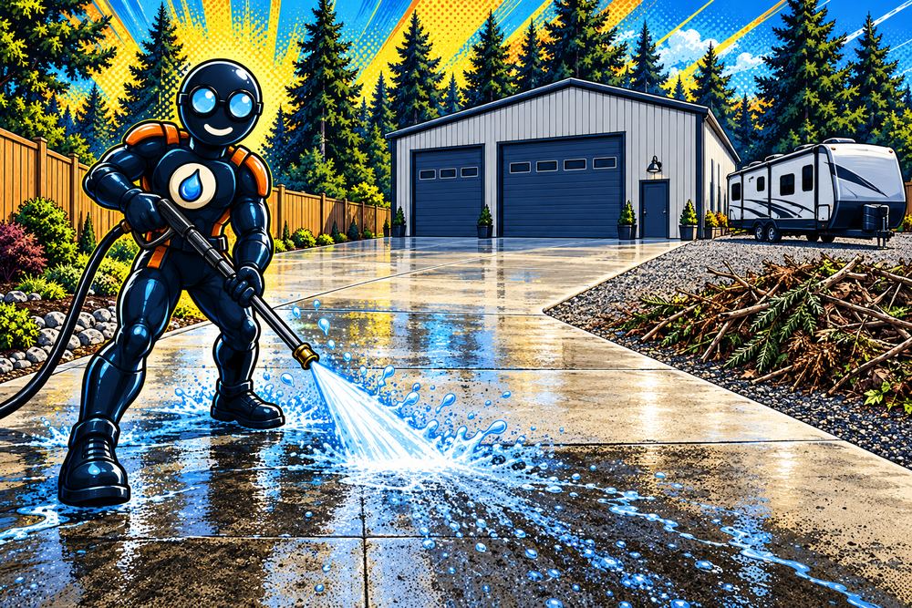 Pressure Washington cleaning a long driveway and shop slab on a big Spanaway lot, RV and brush pile