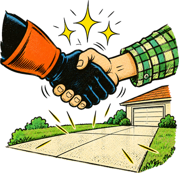 The hero shaking hands with a homeowner over a clean driveway
